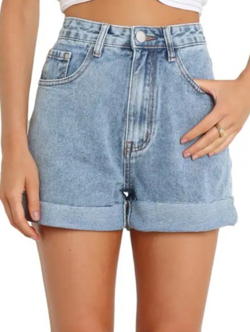 High‎ Rise Light Wash Denim Mom Short With Rolled Hem 14